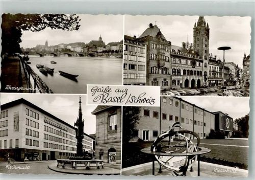 4000 Basel Bâle Foto AK Rathaus Rheinpanorama Fischmarkt Messehalle Sonnenuhr