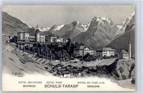 7553 Tarasp - Künstlerkarte I. Weber, Hotel Post, Hotel Belvedere, Hotel Du Parc A.-G.