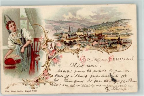 9100 Herisau 1898 Lithographie Tracht Wappen Gebr. Künzli Zürich Dep. Nr. 810