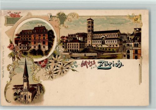 8000 Zürich Lithographie Kath. Gesellenhuas Liebfrauenkirche St. Peter und Pauls-Kirche