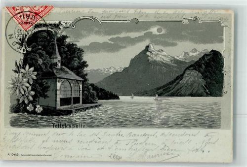 6452 Sisikon 1905 Lithographie / Mondschein Tellskapelle Segler