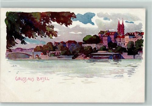 4000 Basel Bâle Künstlerkarte Blick nach Basel sign.