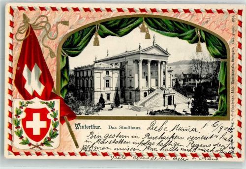 8400 Winterthur 1902 Prägedruck Stadthaus Fahne Wappen Passepartout Lithographie