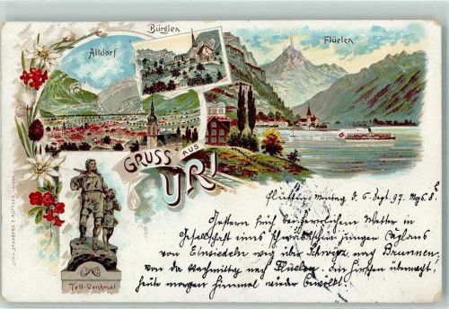 6454 Flüelen 1897 Lithographie Altdorf Bürglen Flüelen Tell-Denkmal Uri