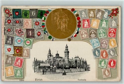 8000 Zürich 1907 Lithographie / Prägedruck Passepartout Briefmarkenabbildungen Tonhalle
