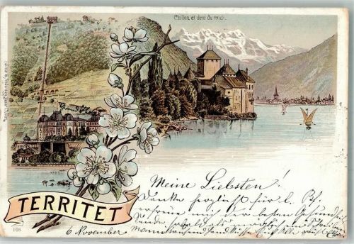 1820 Territet 1896 Lithographie Schloss Bergbahn Hotel