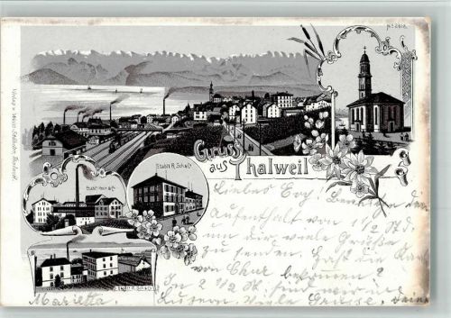 8800 Thalwil 1898 BOAKC Bahnhof Fabriken Dampflok Lithographie