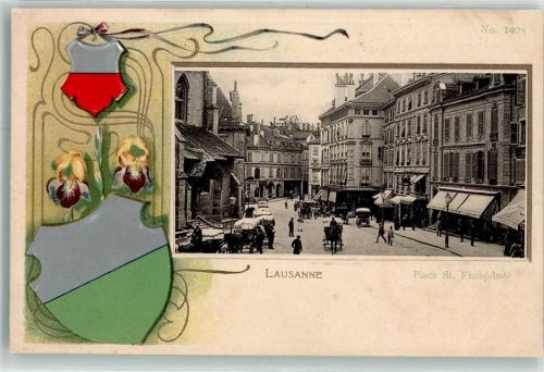 1000 Lausanne Losanna Prägedruck Place St. Francoisale Wappen Iris Passpepartout Lithographie