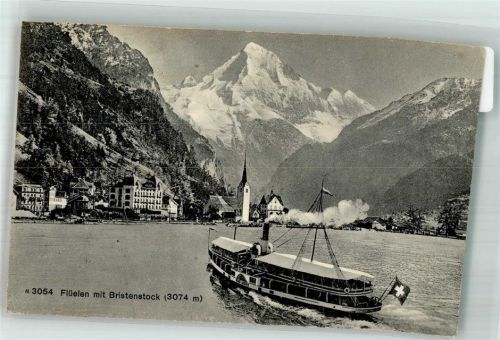 6454 Flüelen 1923 Foto AK Dampfschiff Kirche Bristenstock