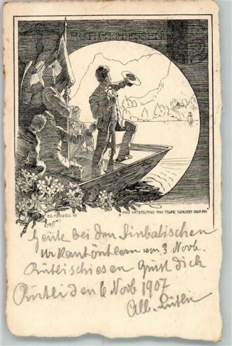 6441 Rütli 1907 Künstlerkarte sign. Menggli, Ed. Ans Vaterland ans Treue schliess dich an Ort lt. Stempel