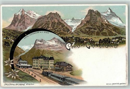 3818 Grindelwald Lithographie Hotel Alpenruhe mit Eiger Bahnhof Eisenbahn