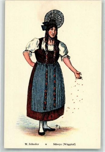 6430 Schwyz Künstlerkarte sign. M. Zehnder Wäggital Frau Trachten- und Volksliedervereinigung