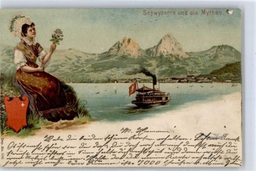 6442 Gersau 1901 Lithographie Tracht Dampfer Wappen