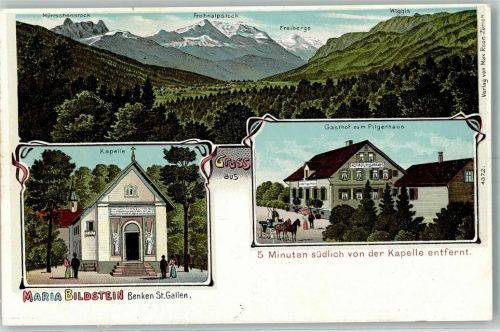 8717 Benken SG Lithographie Maria Bildstein Kapelle GAsthof Zum Pilgerhaus
