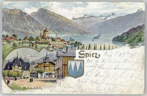 3700 Spiez 1901 Lithographie / Künstlerkarte Bahnhofplatz