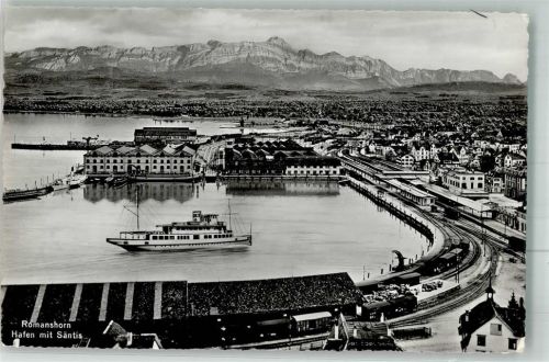 8590 Romanshorn Foto AK Hafen Bahnhof Dampfschiff