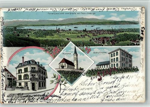 8712 Stäfa 1901 BOAKC Lithographie Schulhaus Kirche Gebrauchsspuren, bitte Scan genau beachten!