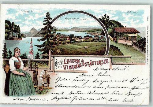 6000 Luzern Lucerne 1898 Lithographie Tellskapelle Tracht Spinnrad Vierwaldstaättersee Rütlihaus