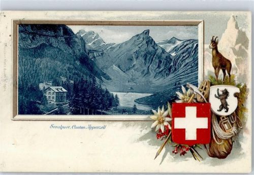 9050 Appenzell 1903 Lithographie Wappen Gemse Rucksack Seealpsee
