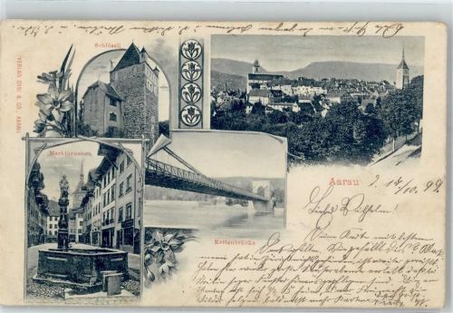 5000 Aarau 1899 Lithographie Kettenbrücke Marktbrunnen Schloss