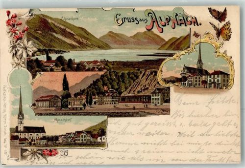 6053 Alpnachstad 1909 Lithographie Alpnachsee Alpnachdorf Kirche Schmetterlinge Verlag Künzli Nr 698