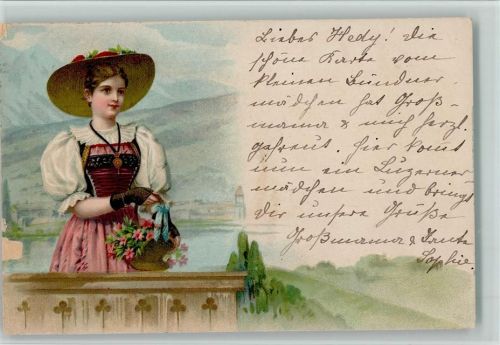 Frau mit einem Blumenkorb - kleine Schürfstelle AK Tracht Schweiz 1901