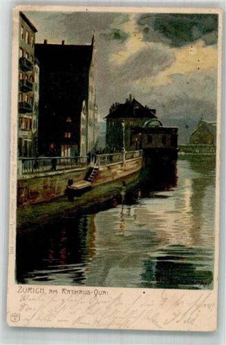 Zürich Rathaus-Quai Nr. 802 sign. Diemer, Zeno Künzli 1906 Lithographie