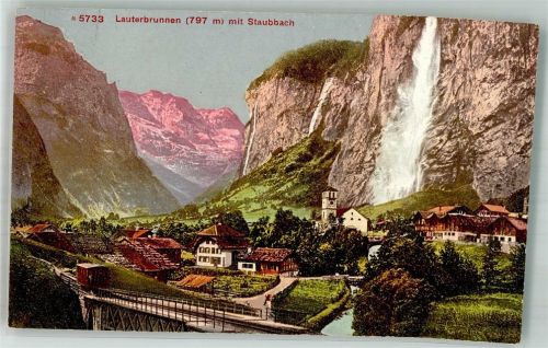 3822 Lauterbrunnen Foto AK Bergbahn Kirche Wasserfall