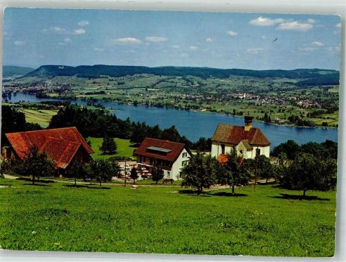 8264 Eschenz 1956 Foto AK Gasthaus Klingenzell Kirche Blick auf Untersee