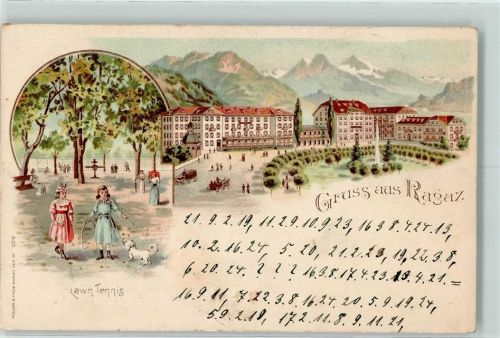 7310 Bad Ragaz Lithographie Lawn-Tennis Hund