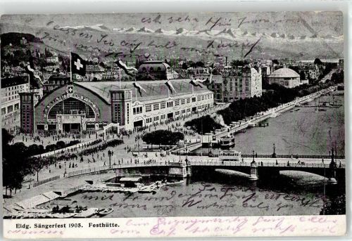 8000 Zürich 1905 Lithographie Sängerfest Festhütte 1905 Straßenbahn
