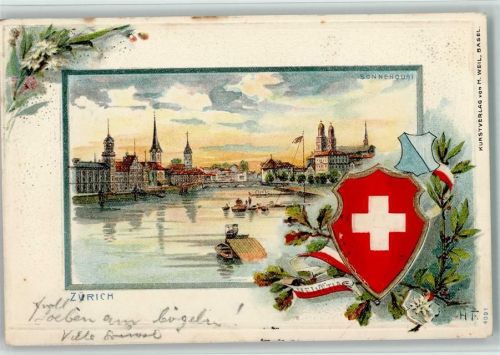 8000 Zürich 1901 Passepartout Prägedruck Sonnenquai Wappen Lithographie