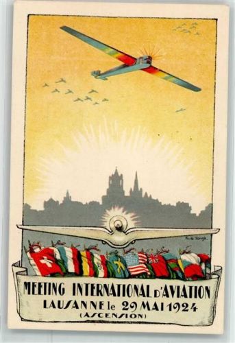 1000 Lausanne Losanna Lithographie Fluggerät Meeting International d Aviation 1924 sign. de Jongh