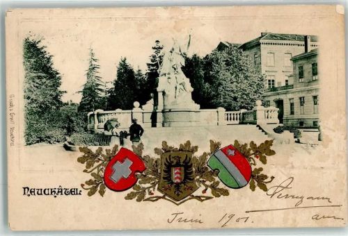 2000 Neuchâtel Neuenburg 1901 Prägedruck Monument de la Republique Wappen