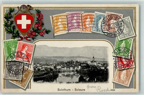 4500 Solothurn Soleure 1908 Prägedruck Wappen Horn Eichenblatt Blumen Kranz Briefmarkenabbildungen Brücke