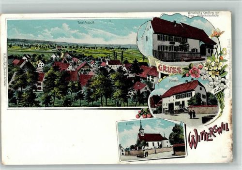 4108 Witterswil 1907 BOAKC Lithographie Gasthaus Handlung Frau Wwe Grossheutschl Pfarrhof Kirche