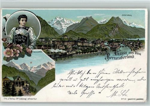 Interlaken 1900 Berner Oberland Frau in Tracht Heimwehfluh Schlumpf Lithographie