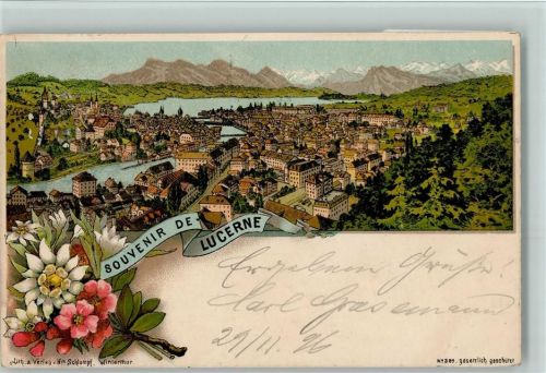 Luzern Lucerne Nr. 389 Gruss aus - vue generale Schlumpf 1896 Lithographie