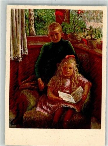 sign. Huber, Hermann Knabe und Mädchen am Fenster Pro Juventute Schweiz Künstlerkarte