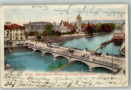 8000 Zürich 1903 Foto AK Bahnhofbrücke Bahnhof Schweizer Landesmuseum Straßenbahn