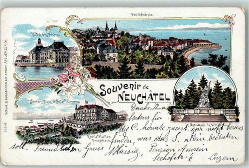 2000 Neuchâtel Neuenburg 1903 Gebrauchsspuren Hotel es Postes Monument de la Republique Hotel des Alpes et Hotel Terminus Emile Haller Properétaire Lithographie
