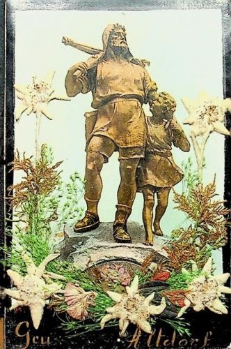 6460 Altdorf UR AK mit gepresstem Edelweiß Tell Denkmal Girlande aus echten Blumen
