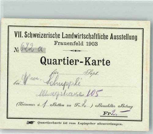 8500 Frauenfeld 1903 KEINE AK Quartierkarte Schw. Landwirtschaftliche Ausstellung