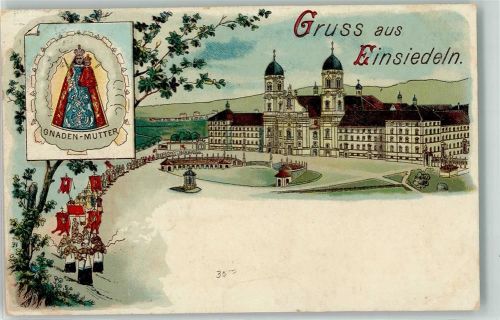 8840 Einsiedeln Lithographie Gnaden Mutter Kloster Fahnen Religion Gruss