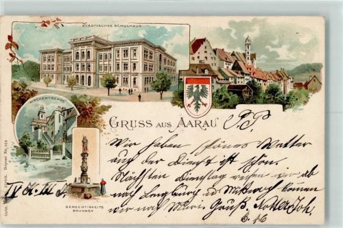 5000 Aarau 1900 Lithographie Städt. Schulhaus Kirchentreppe Gerechtigkeitsbrunnen
