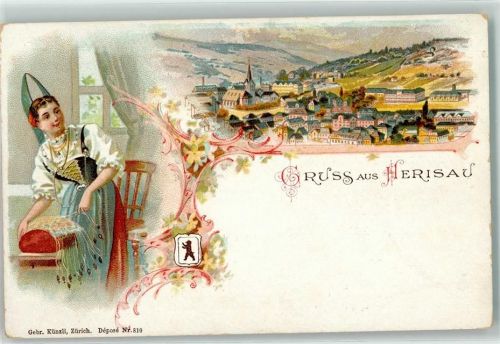 9100 Herisau Lithographie Tracht klöppeln Wappen Künzli Zürich Dep.Nr. 810