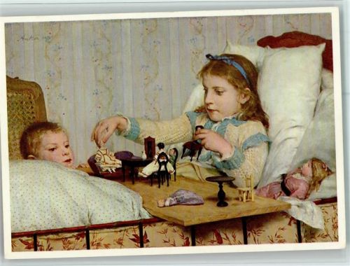 Spenden AK Gemälde von Albert Anker - Die kleine Genesende - Puppen, Puppenstuben Möbel Tuberkulose