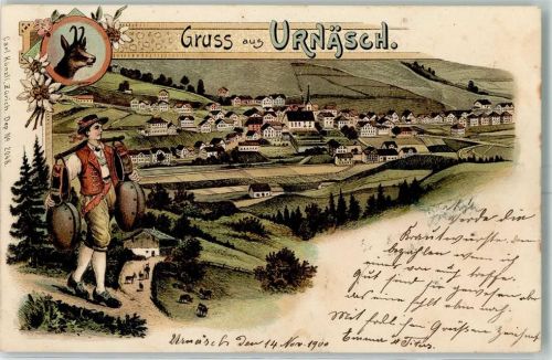 9107 Urnäsch 1900 Lithographie Kuhhirte Kühe Glocken Gämse