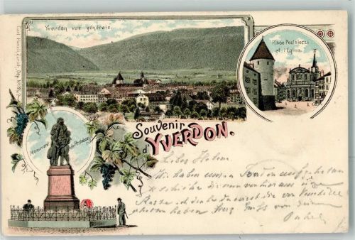 1400 Yverdon-les-Bains 1897 Gebrauchsspuren Monument de Pestalozzi Place Pestalozzi et l'Eglise Kirche Lithographie