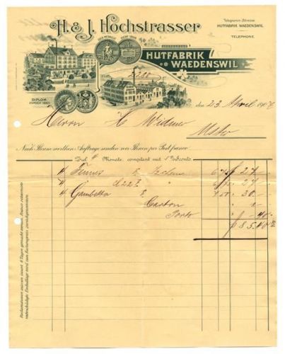 8820 Wädenswil Briefkopf Firmenrechnung Hutfabrik H. und J. Hochstrasser 1907